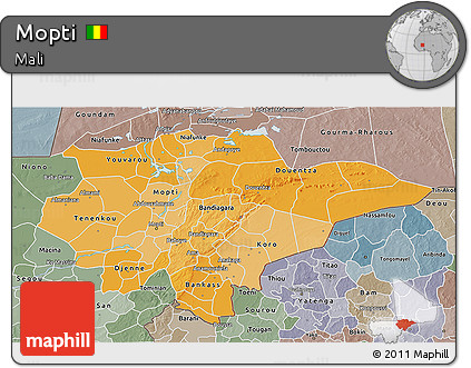 Political Shades 3D Map of Mopti, semi-desaturated