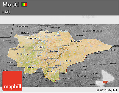 Satellite 3D Map of Mopti, darken, desaturated