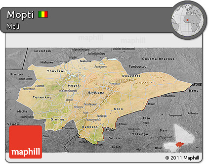 Satellite 3D Map of Mopti, darken, desaturated
