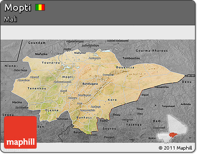 Satellite 3D Map of Mopti, darken, desaturated