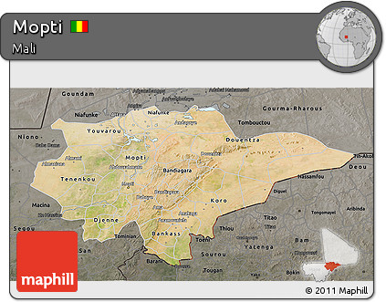 Satellite 3D Map of Mopti, darken, semi-desaturated