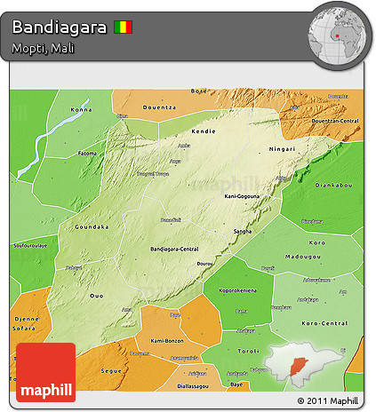 Physical 3D Map of Bandiagara, political shades outside