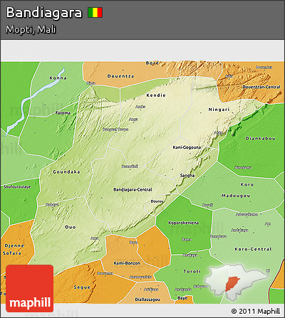 Physical 3D Map of Bandiagara, political shades outside