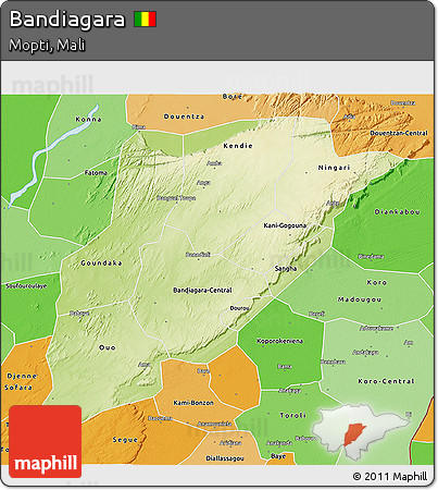 Physical 3D Map of Bandiagara, political shades outside