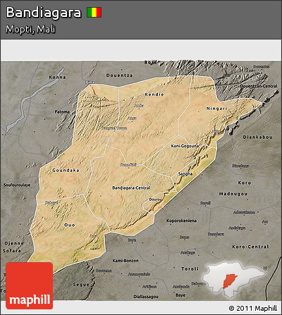 Satellite 3D Map of Bandiagara, darken, semi-desaturated