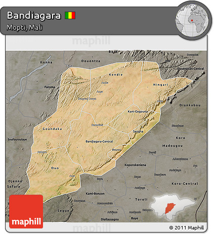 Satellite 3D Map of Bandiagara, darken, semi-desaturated