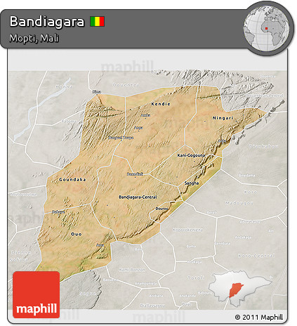 Satellite 3D Map of Bandiagara, lighten, semi-desaturated
