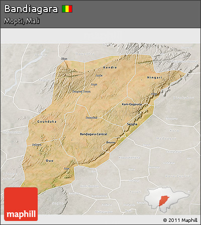 Satellite 3D Map of Bandiagara, lighten, semi-desaturated