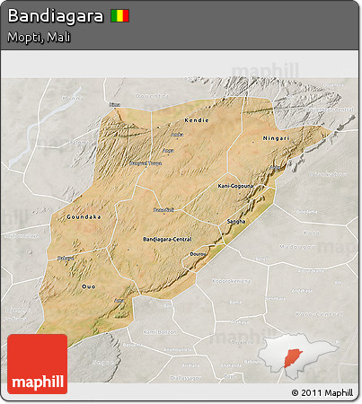 Satellite 3D Map of Bandiagara, lighten, semi-desaturated