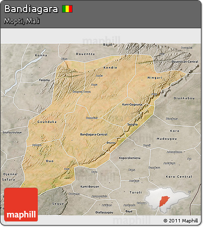Satellite 3D Map of Bandiagara, semi-desaturated