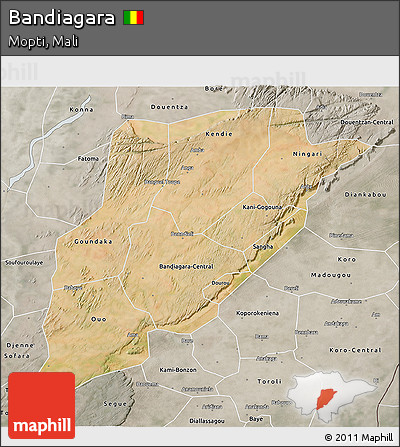 Satellite 3D Map of Bandiagara, semi-desaturated