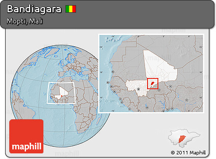 Gray Location Map of Bandiagara, highlighted country, within the entire country, hill shading