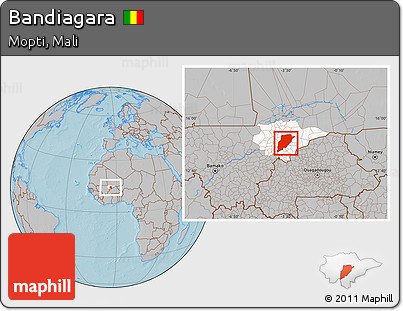 Gray Location Map of Bandiagara, highlighted parent region, hill shading