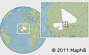 Savanna Style Location Map of Bandiagara, highlighted country, within the entire country, hill shading