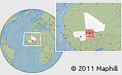Savanna Style Location Map of Bandiagara, highlighted country, highlighted parent region, within the entire country, hill shading