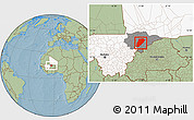 Savanna Style Location Map of Bandiagara, highlighted country, highlighted parent region, hill shading