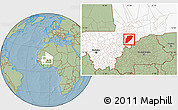 Savanna Style Location Map of Bandiagara, highlighted country, hill shading