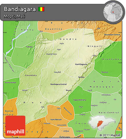Physical Map of Bandiagara, political shades outside