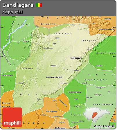 Physical Map of Bandiagara, political shades outside