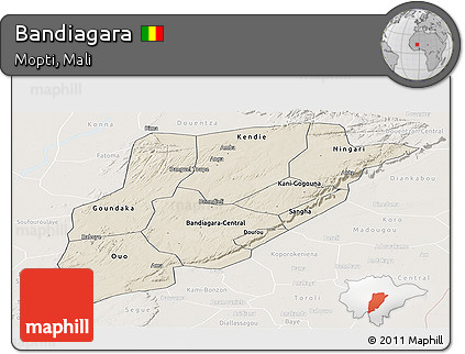 Shaded Relief Panoramic Map of Bandiagara, lighten