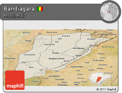 Shaded Relief Panoramic Map of Bandiagara, satellite outside