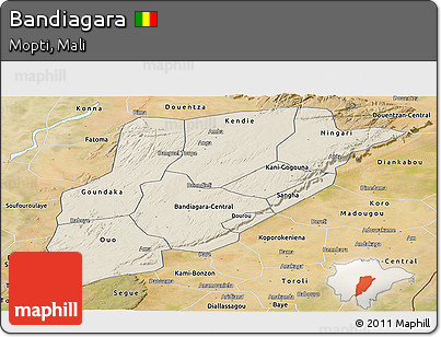 Shaded Relief Panoramic Map of Bandiagara, satellite outside