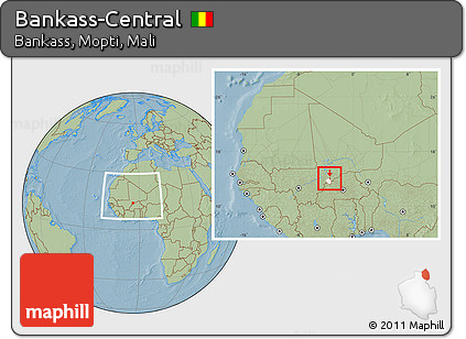 Savanna Style Location Map of Bankass-Central, highlighted parent region, within the entire country, hill shading
