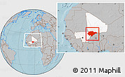 Gray Location Map of Mopti, highlighted country, within the entire country, hill shading