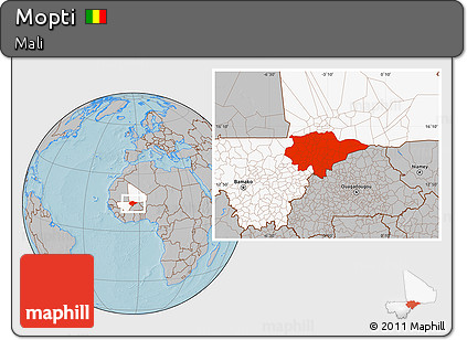 Gray Location Map of Mopti, highlighted country, hill shading