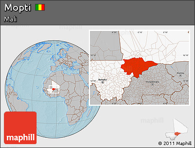Gray Location Map of Mopti, highlighted country, hill shading