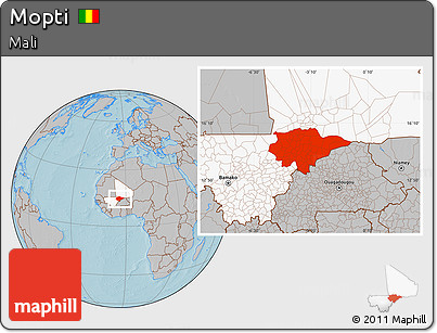 Gray Location Map of Mopti, highlighted country, hill shading