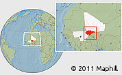 Savanna Style Location Map of Mopti, highlighted country, within the entire country, hill shading