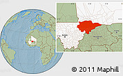 Savanna Style Location Map of Mopti, highlighted country, hill shading