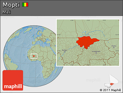 Savanna Style Location Map of Mopti, hill shading