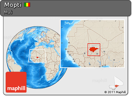 Shaded Relief Location Map of Mopti, within the entire country