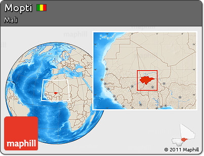 Shaded Relief Location Map of Mopti, within the entire country