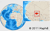 Shaded Relief Location Map of Mopti, within the entire country