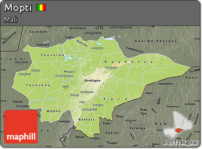 Physical Map of Mopti, darken, semi-desaturated
