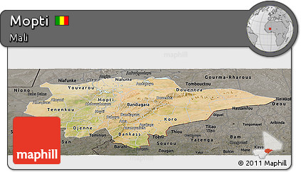 Satellite Panoramic Map of Mopti, darken, semi-desaturated