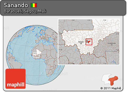 Gray Location Map of Sanando, highlighted country, highlighted parent region, hill shading