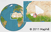 Satellite Location Map of Sanando, highlighted country, highlighted grandparent region, within the entire country
