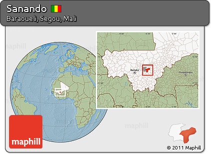 Savanna Style Location Map of Sanando, highlighted country, highlighted parent region, hill shading