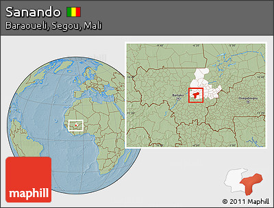 Savanna Style Location Map of Sanando, highlighted grandparent region, hill shading
