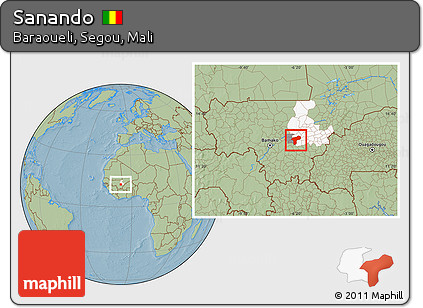 Savanna Style Location Map of Sanando, highlighted parent region, highlighted grandparent region, hill shading