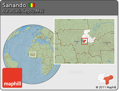 Savanna Style Location Map of Sanando, highlighted parent region, highlighted grandparent region, hill shading