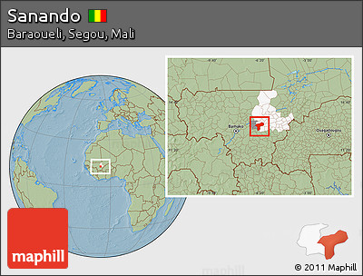 Savanna Style Location Map of Sanando, highlighted parent region, highlighted grandparent region, hill shading