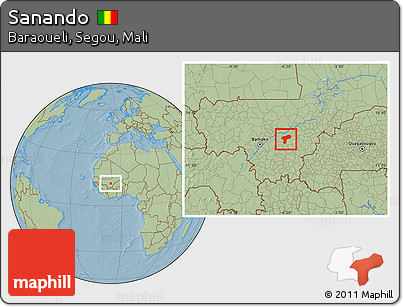 Savanna Style Location Map of Sanando, hill shading