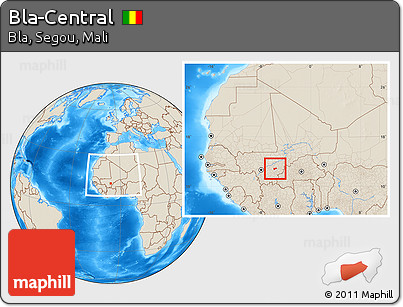 Shaded Relief Location Map of Bla-Central, within the entire country