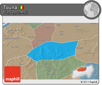 Political 3D Map of Touna, semi-desaturated