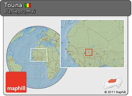 Savanna Style Location Map of Touna, within the entire country, hill shading